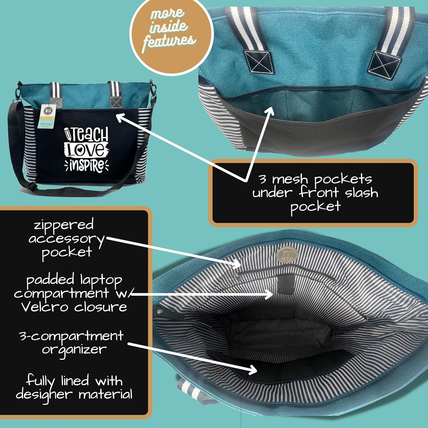 Brooke & Jess Designs Teacher Tote Bag for Work - Teacher Handbag Gifts for Women, Teacher Bag Best Teacher Appreciation Gift