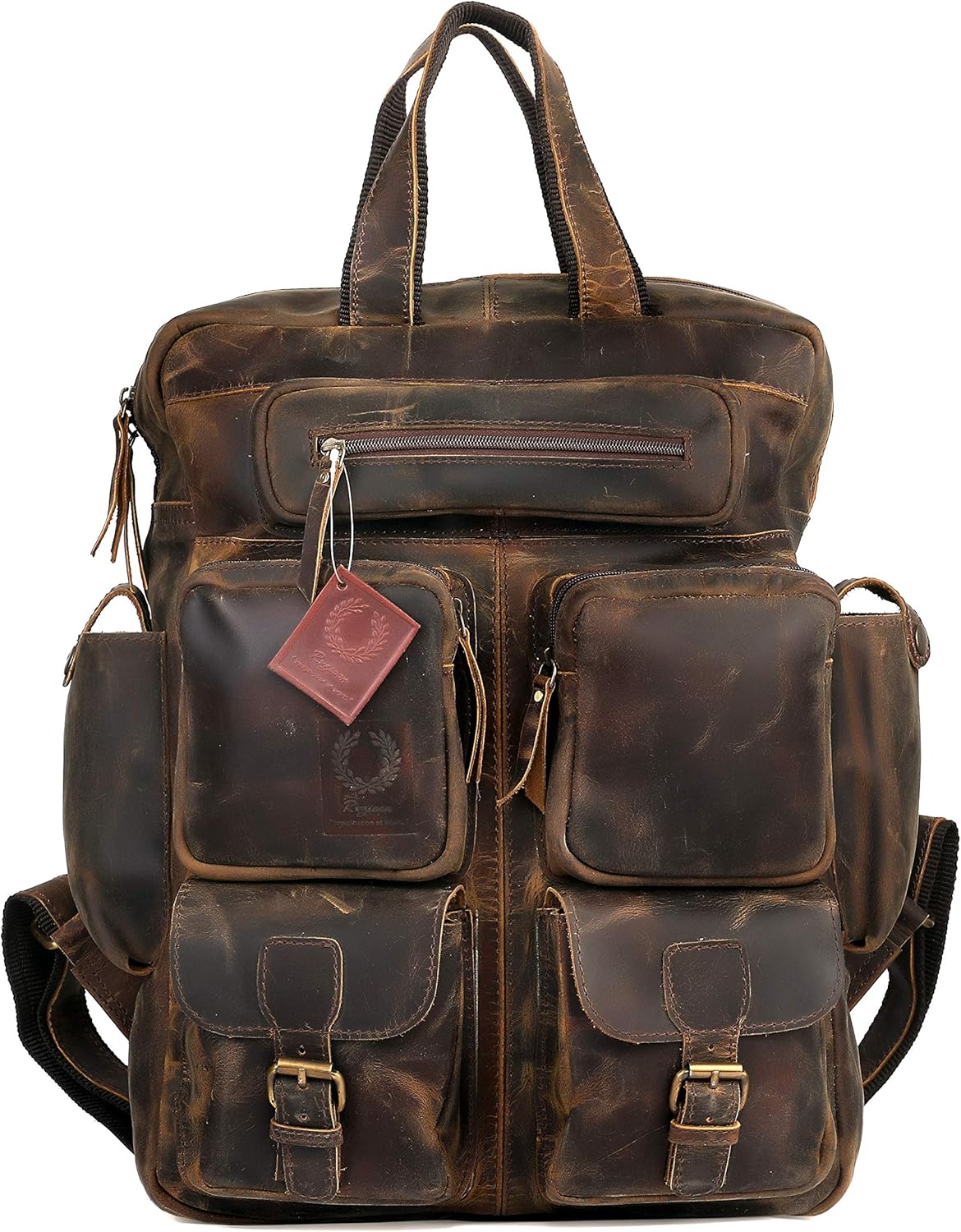 Vintage Buffalo Leather Backpack Multi Pockets Travel Bag for Men/Women