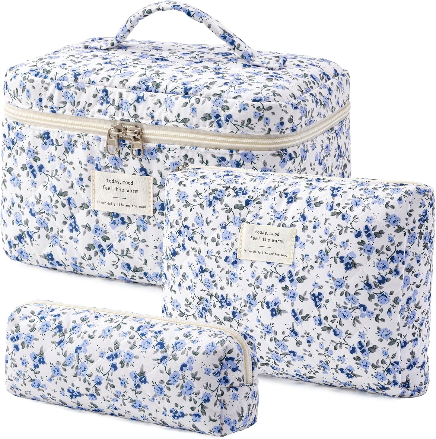 HBselect Quilted Makeup Bag, 3PCS Cotton Large Travel Makeup Bag, Cute Floral Coquette Make up Bag Cosmetic Bag Toiletry Bag for Women Girls