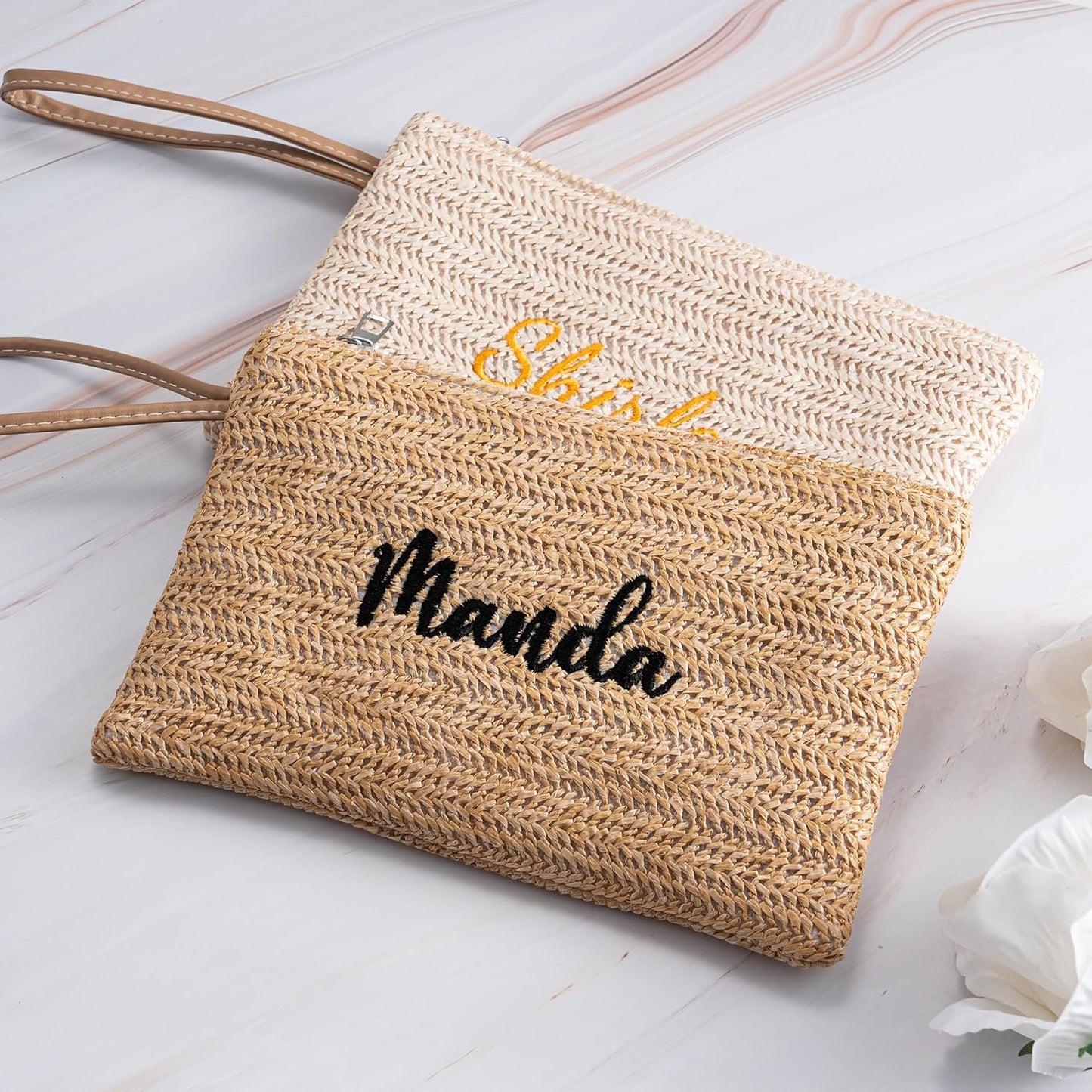 Personalised Straw Clutch Purse, Personalised Embroidered Cosmetic Bag, Handwoven Straw Cosmetic Bag with Leather Trim, Bridesmaid Gift