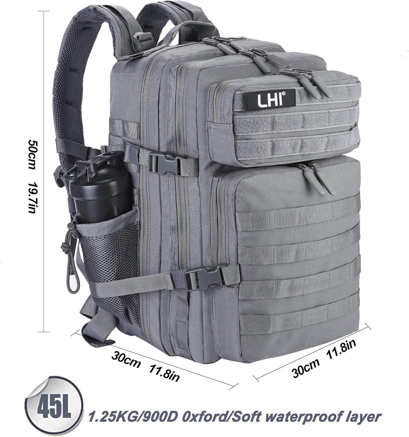 LHI Military Tactical Backpack for Men and Women 45L Army 3 Days Assault Pack Bag Large Rucksack with Molle System - Grey