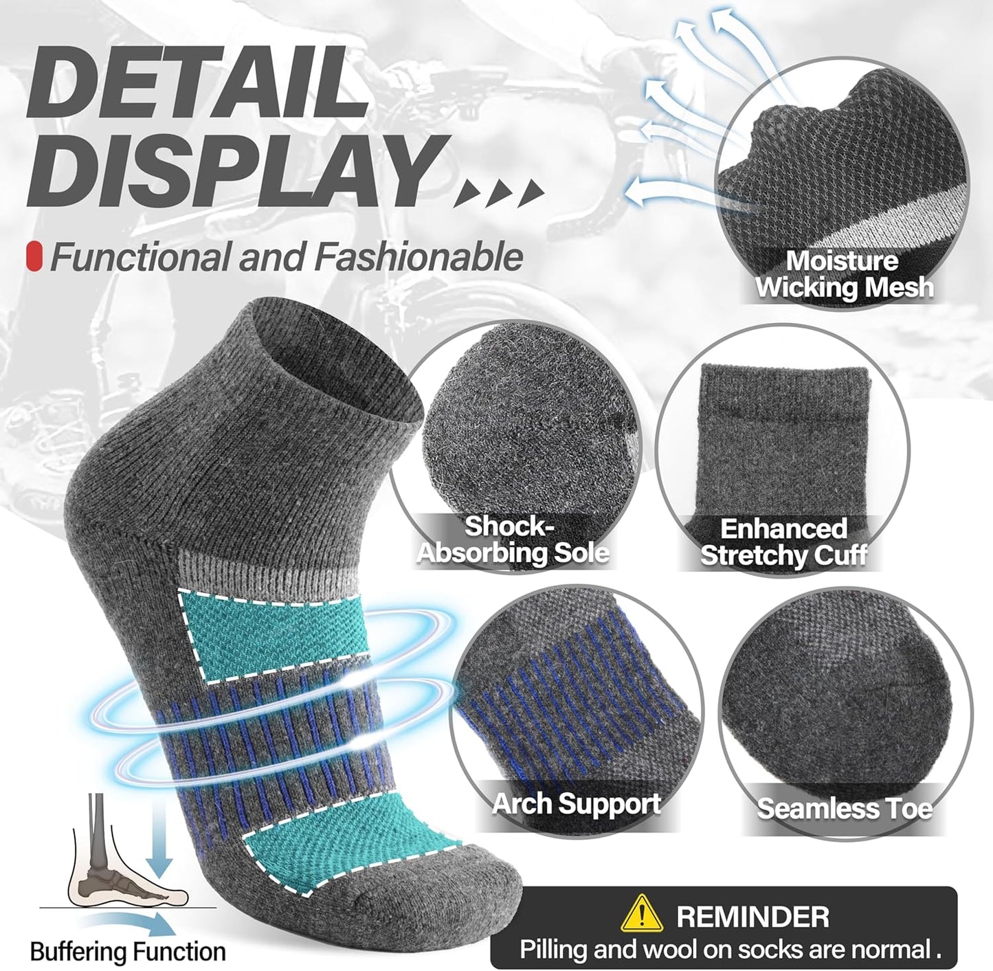 6 Pairs Merino Wool Ankle Running Hiking Socks Compression Support Breathable Thick Cushion No Show Socks for Women Men