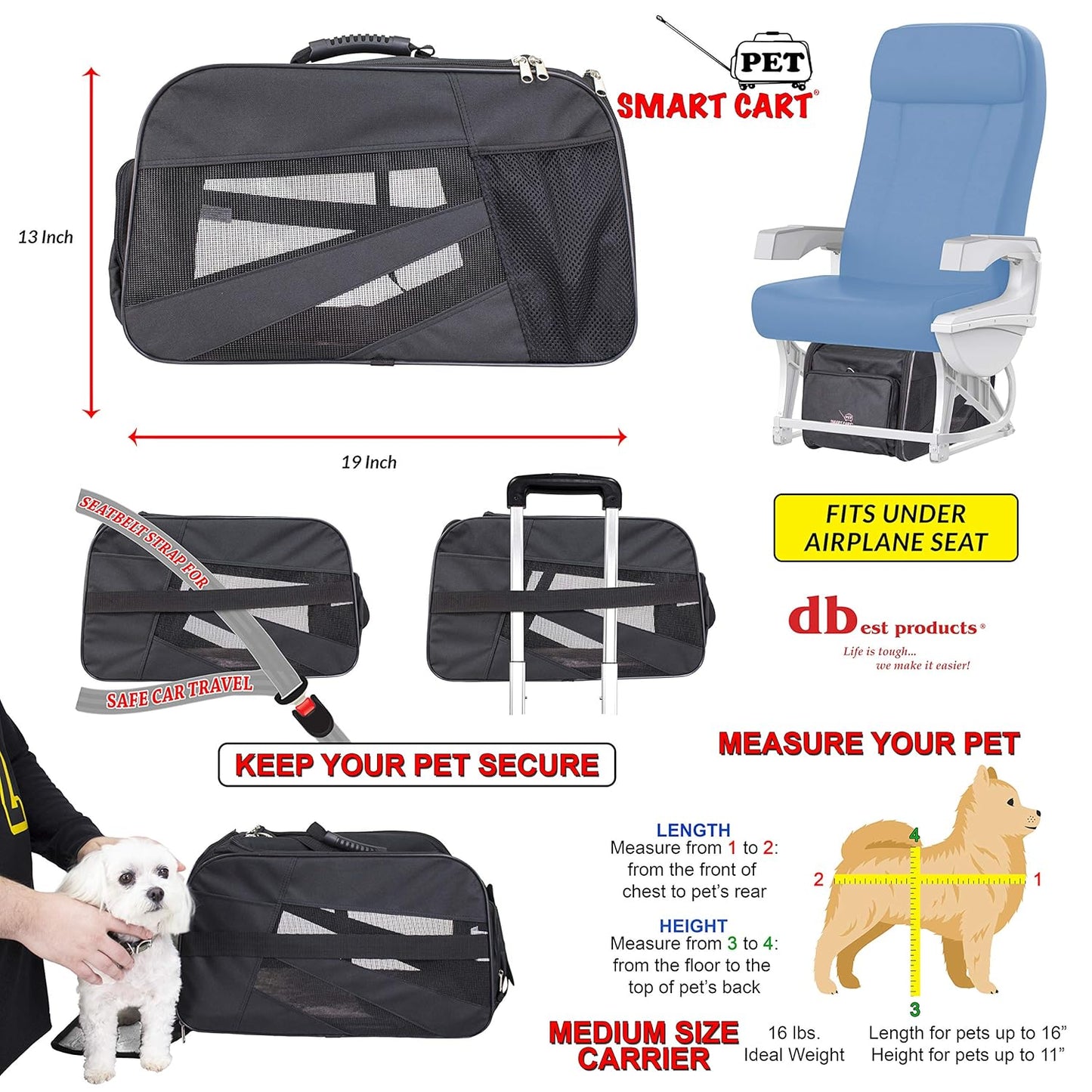 dbest products Pet Smart Cart Carrier, Medium, Black, Soft Sided Collapsible Folding Travel Bag, Dog Cat Airline Approved Tote Luggage Backpack