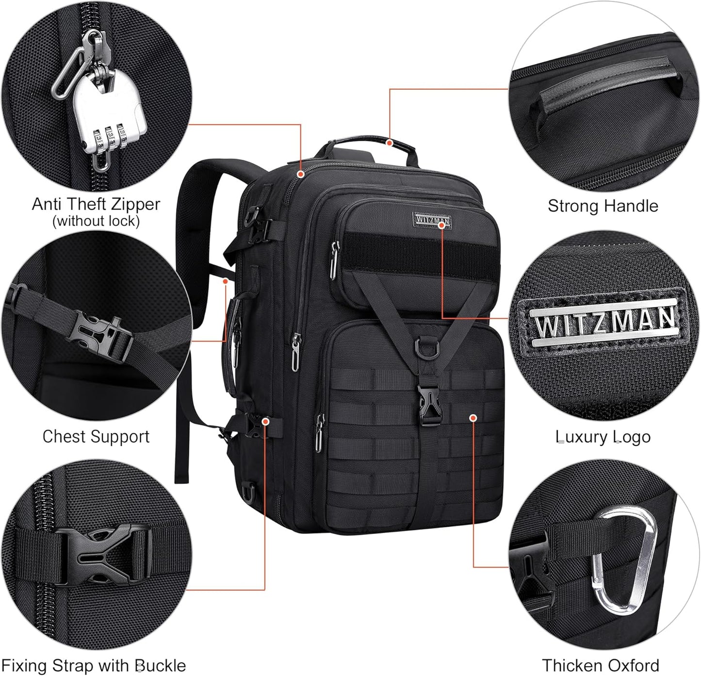 WITZMAN Carry On Travel Backpack for Men Large Convertible 45L Fit 17 Inch Laptop Backpack 3 in 1 Bag for Airline Approved(B688 Black)