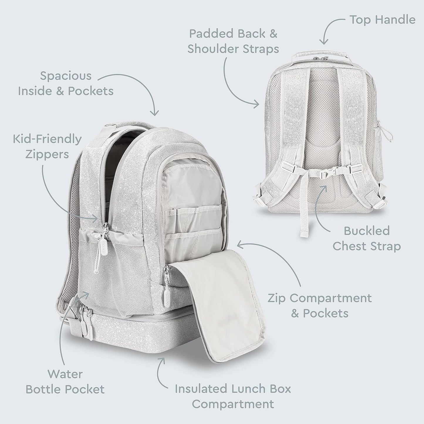 Bentgo Kids 2-in-1 Backpack & Insulated Lunch Bag - Glitter Designed 16” Backpack for School & Travel -, Durable, Water Resistant, Padded, & Large Compartments (Glitter Edition - Silver)