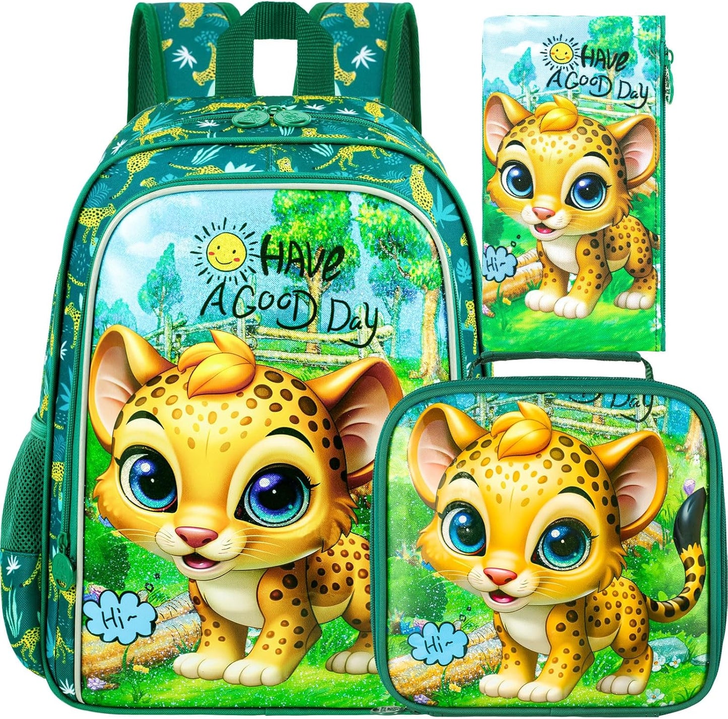 gxtvo 3PCS Boys Leopard Bookbag, 16" Kids Backpack with Lunch Box, Water Resistant Elementary Preschool Toddler School Bag