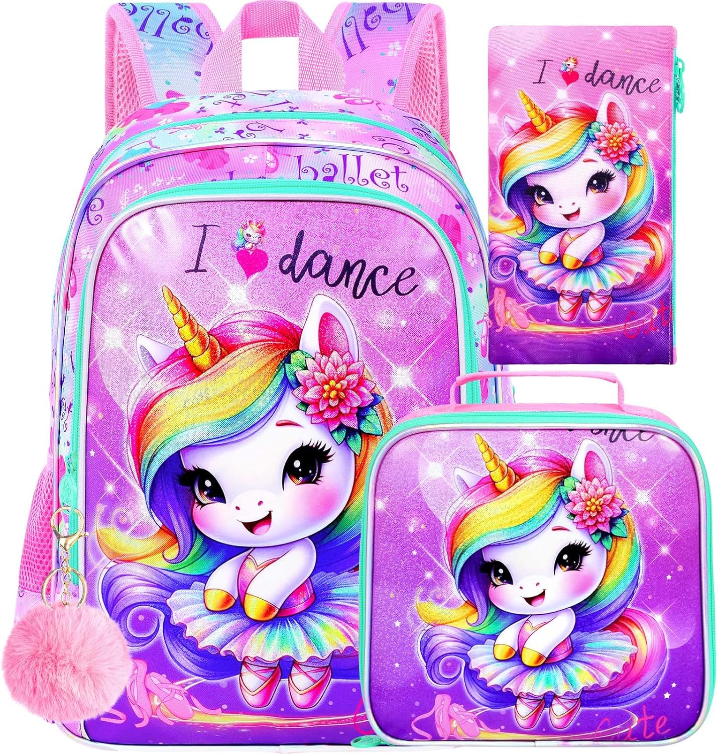 CCJPX 3PCS Unicorn Backpack for Girls, 16 Inch Kids Water Resistant Preschool Bookbags with Lunch Box, Cute Ballet Elementary School Backpacks for Kindergarten Toddler Travel