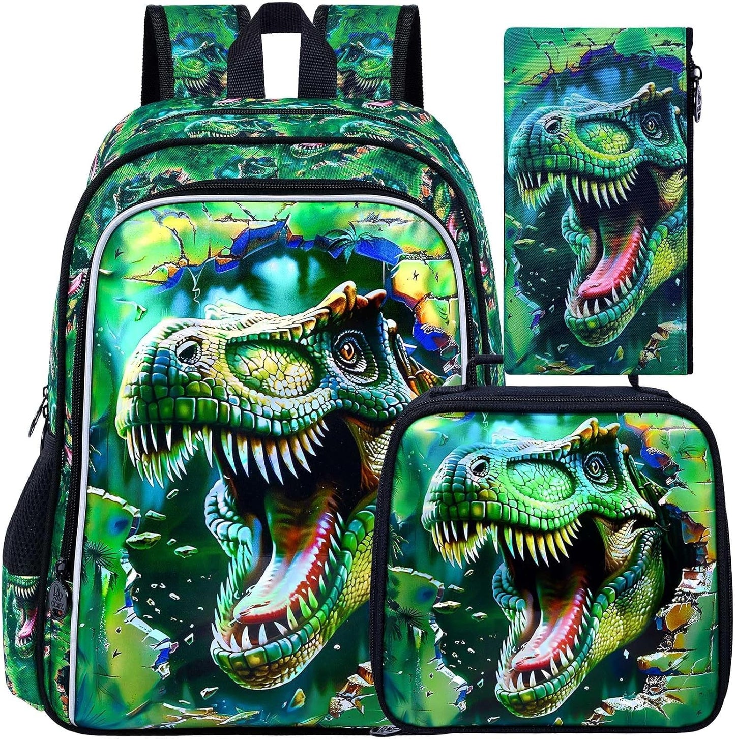 3Pcs Boys Backpack, 16" Dinosaur Bookbag for Elementary Preschool Kindergarten, Dino Kids School