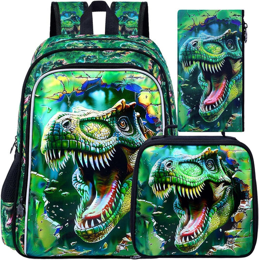 3Pcs Boys Backpack, 16" Dinosaur Bookbag for Elementary Preschool Kindergarten, Dino Kids School Backpacks with Lunch Box(Green)