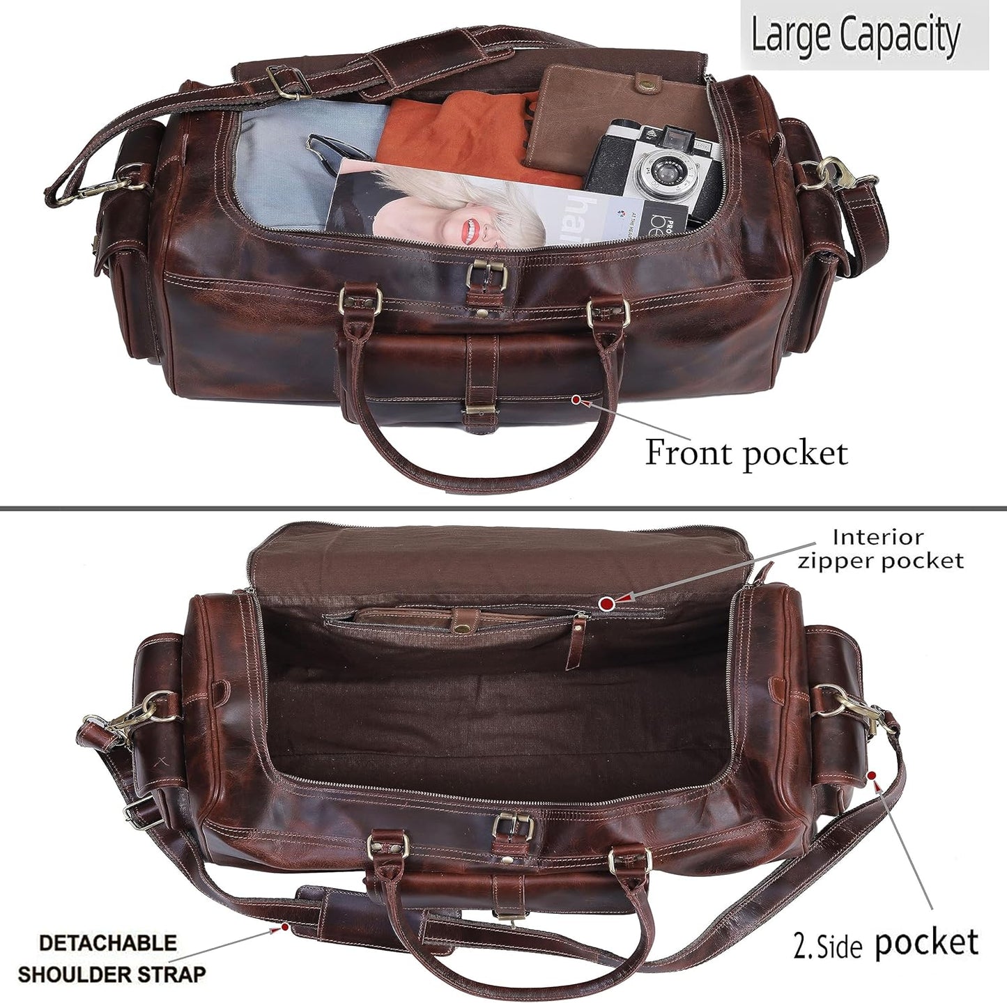 Leather Farm Travel Duffel Bags for Men & Women - Premium 24" Mens Weekender Overnight Gym Bag, Carry-On Luggage with Spacious Compartments, Stylish Leather Duffel Bag for Airplane, Sports & Trips
