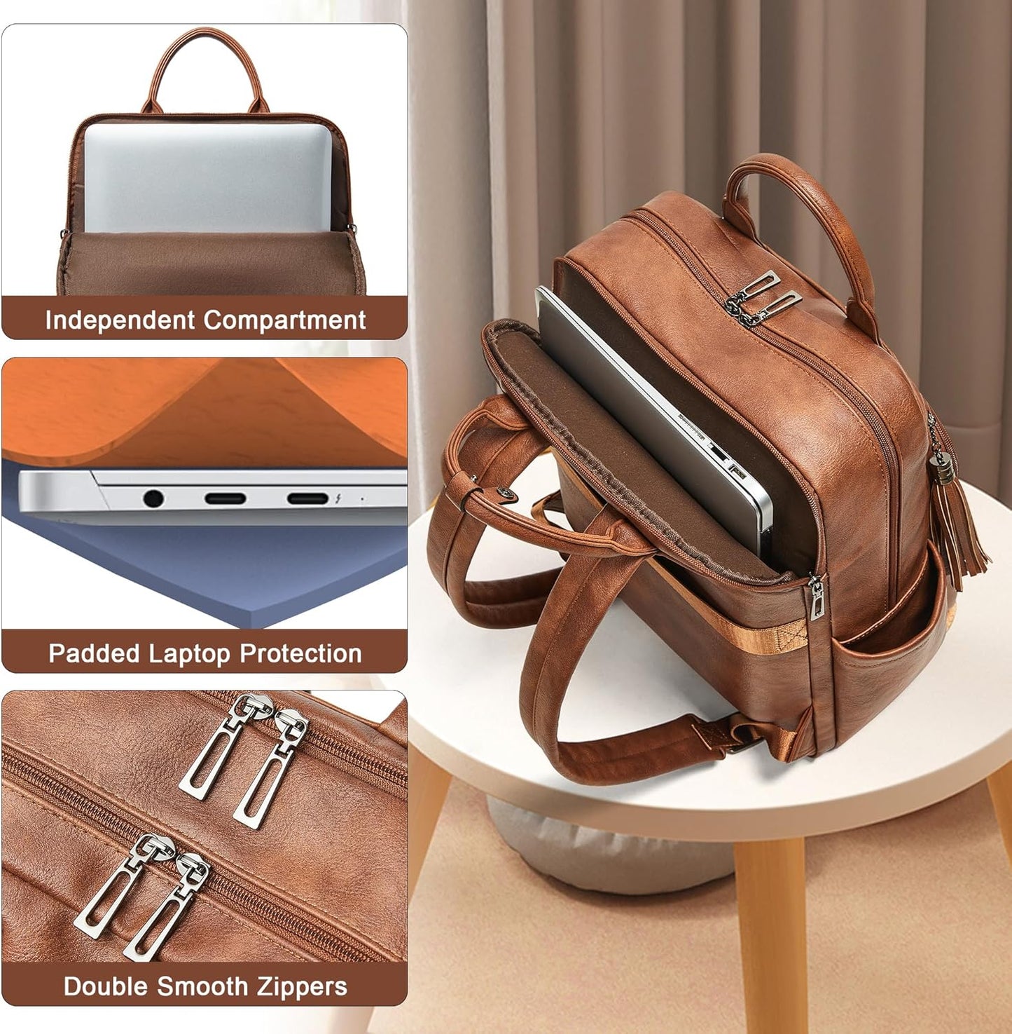 Shrrie Laptop Backpack for Women 15.6 inch Travel Leather Backpack Purse Work Computer Backpacks for Business College Brown