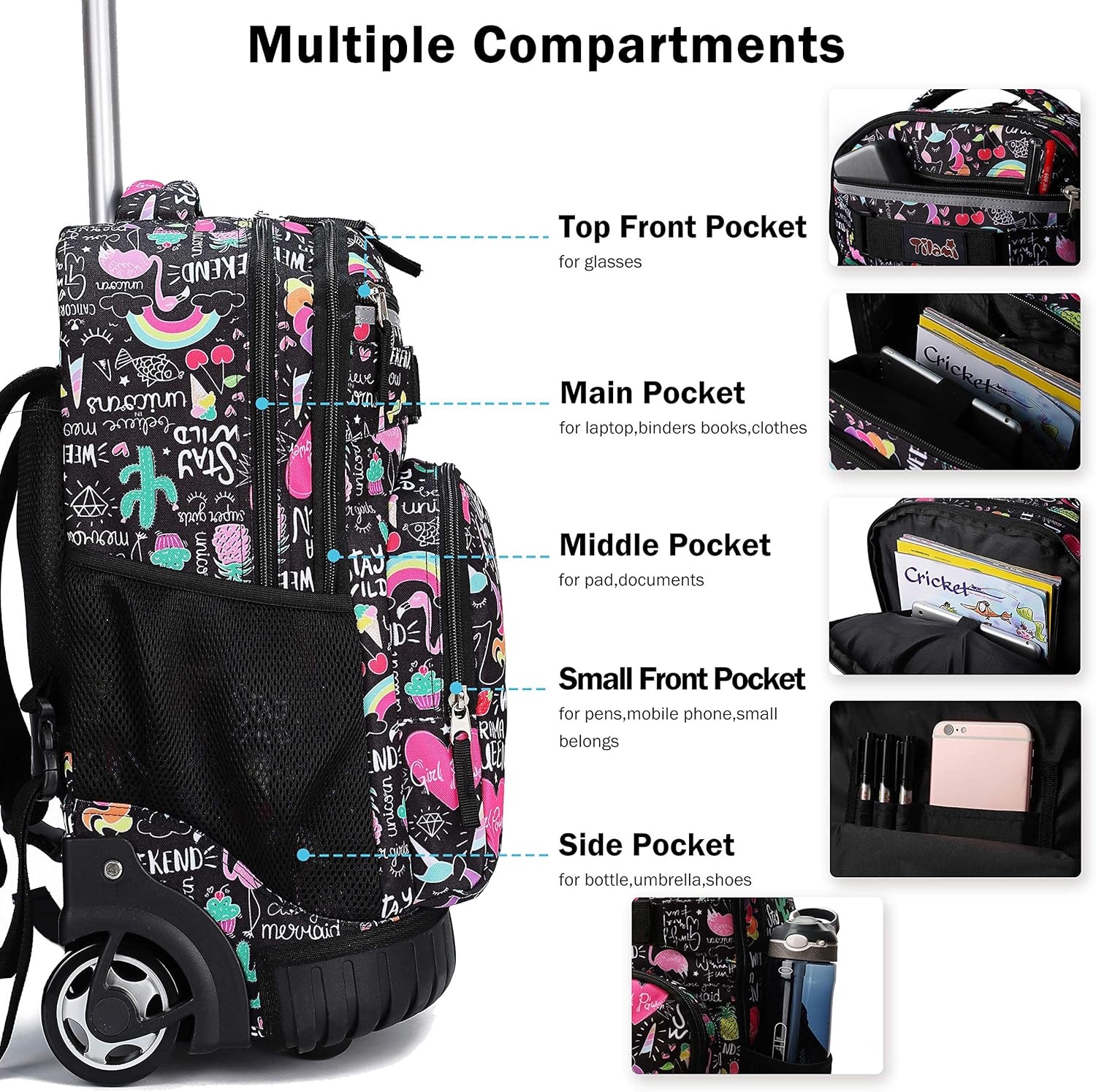 Tilami Rolling Backpack 19 inch with Lunch Bag Wheeled Laptop Backpack, Ins