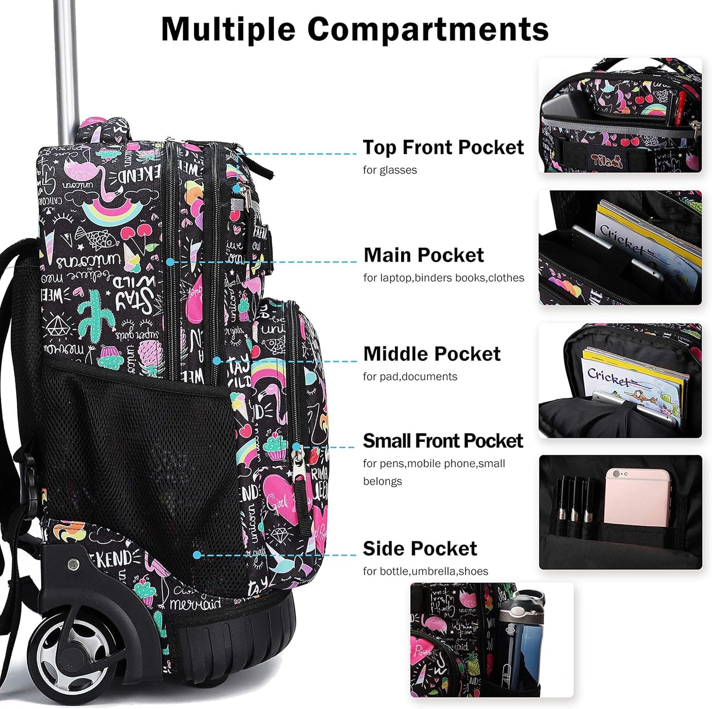 Tilami Rolling Backpack 18 inch Wheeled Backpack School College Student Travel Trip Boys and Girls