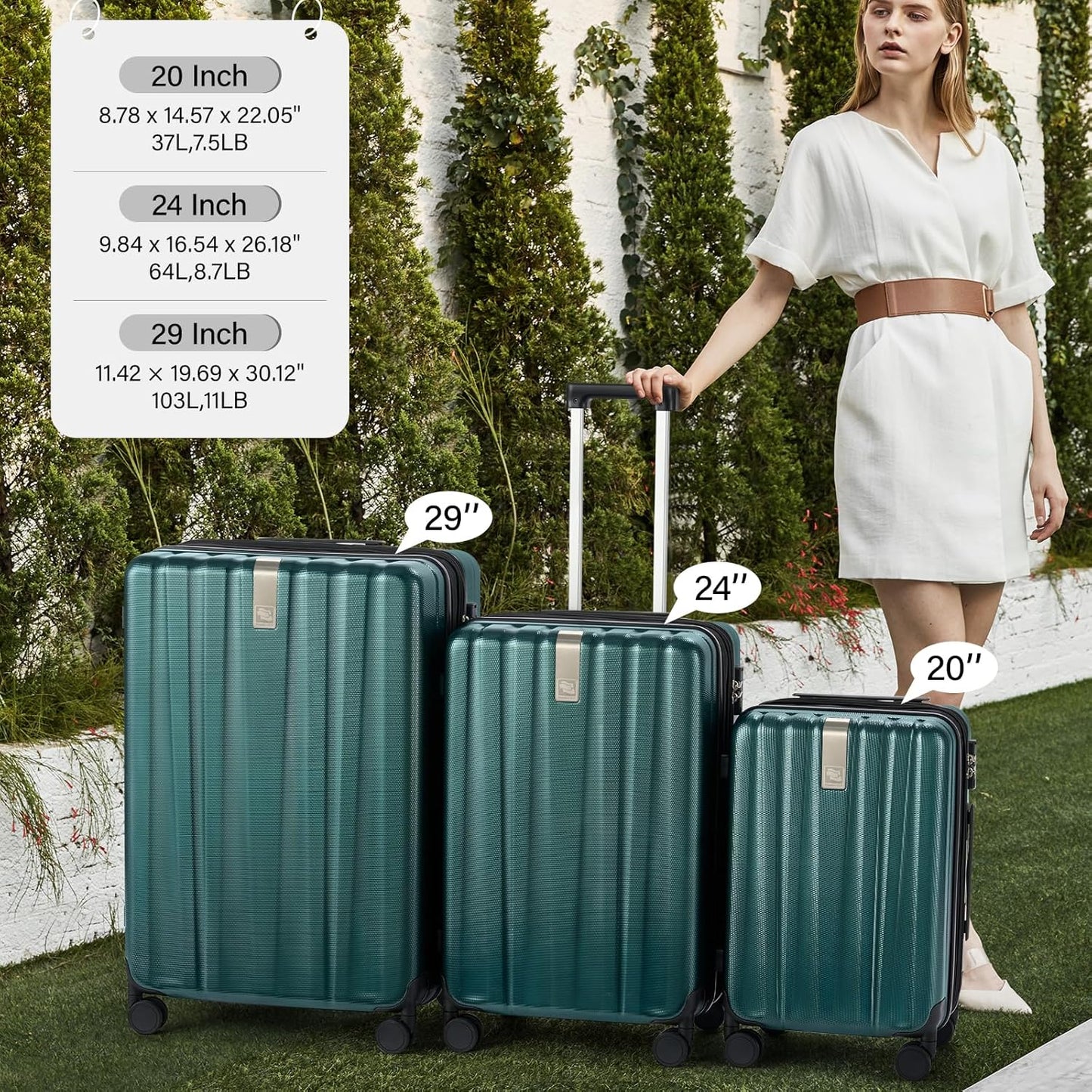 Hanke Hardshell Luggage Sets 3 Piece Extra Large Suitcases with Lock,28 Inch Luggage with Spinner Wheels, PC Travel Suitcase for Women Men 20 24 29Inch,Blackish Green