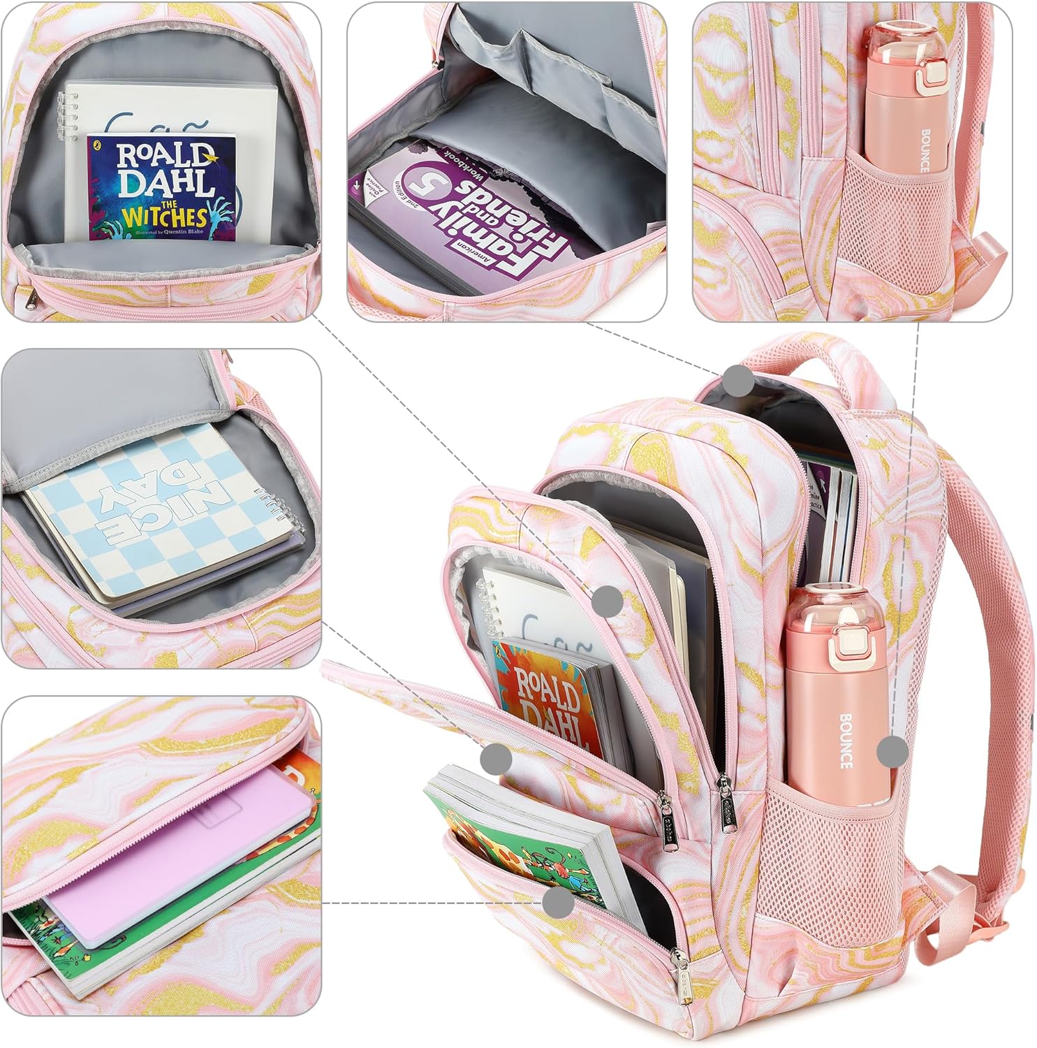 abshoo Marble Lightweight Kids Backpack For School Girls Elementary Kindergarten Bookbag School