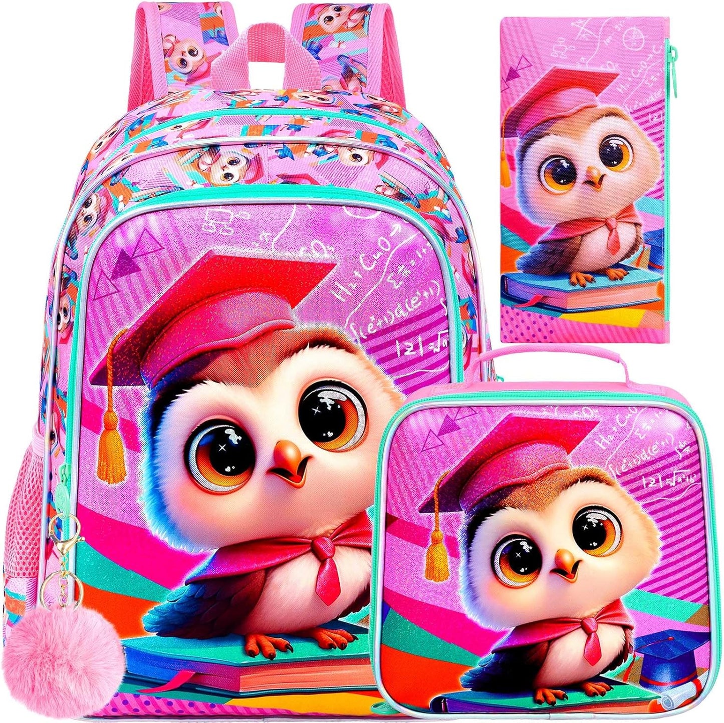 3PCS Owl Bookbag for Girls, 16" Kids Backpack with Lunch Box, Water Resistant Elementary Preschool Toddler School Bag - Pink Dr. Owls