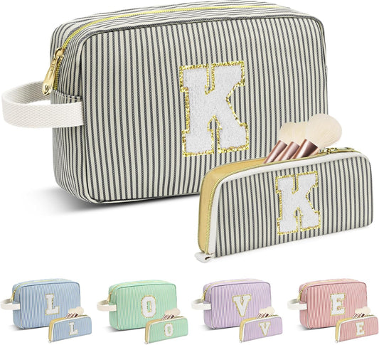 Travel Makeup Bag Christmas Gifts for Women Girl Teens, Personalized Initial Makeup Bag for Cute Teen Girls, Preppy Stuff Toiletry Bag Cosmetic Bag, Teen Girls Gift Trendy Stuff, Letter K
