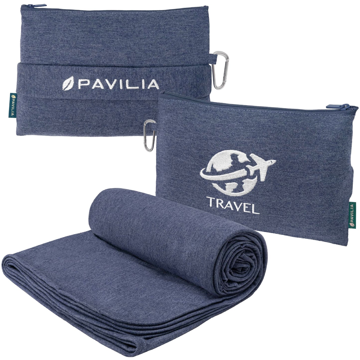 PAVILIA Travel Blanket Compact, Airplane Packable Bag, Soft Fleece Portable Throw Pillow Combo Set