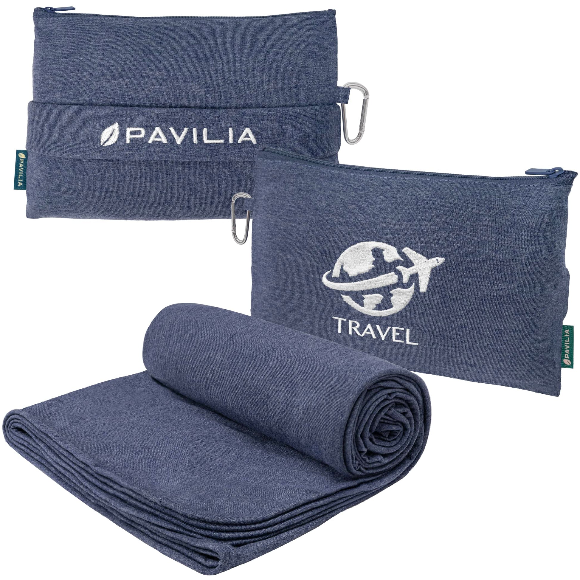 PAVILIA Travel Blanket Compact, Airplane Packable Bag, Soft Fleece Portable Throw Pillow Combo Set