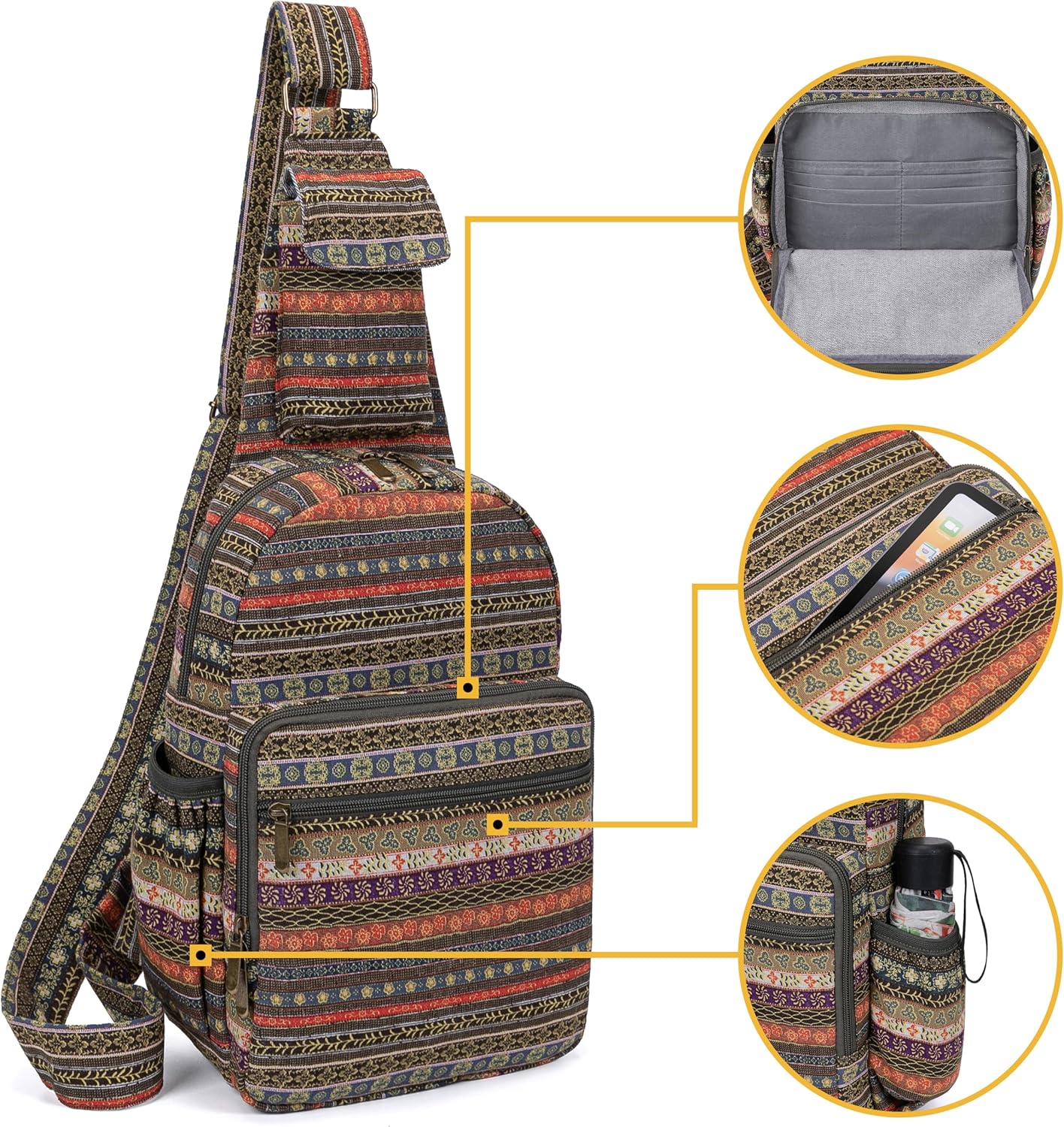 Coton Pose Women sling bag Elephant canvas large boho backpacks bohemian Crossbody Bag (green grey)