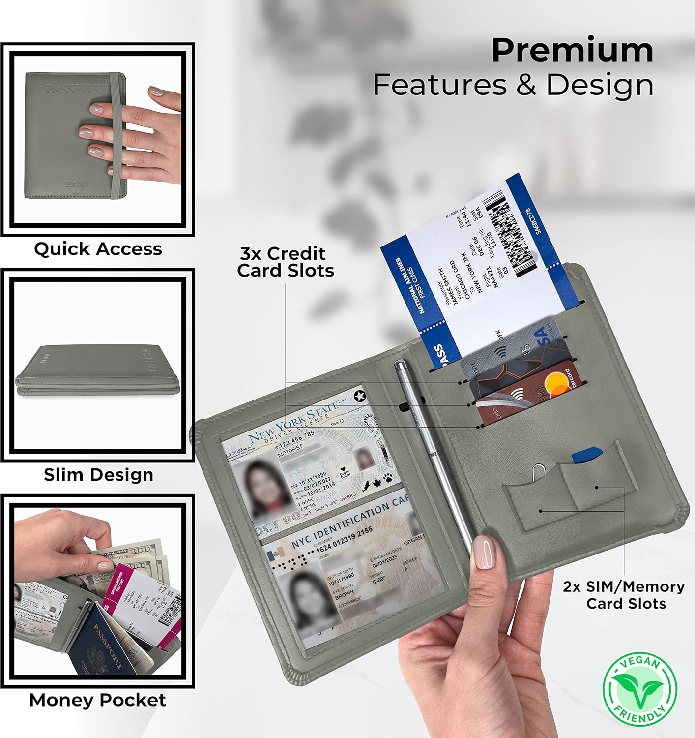 BOACAY Passport Holder and Vaccine Card Slot Combo - Travel Wallet and Waterproof Case for Women