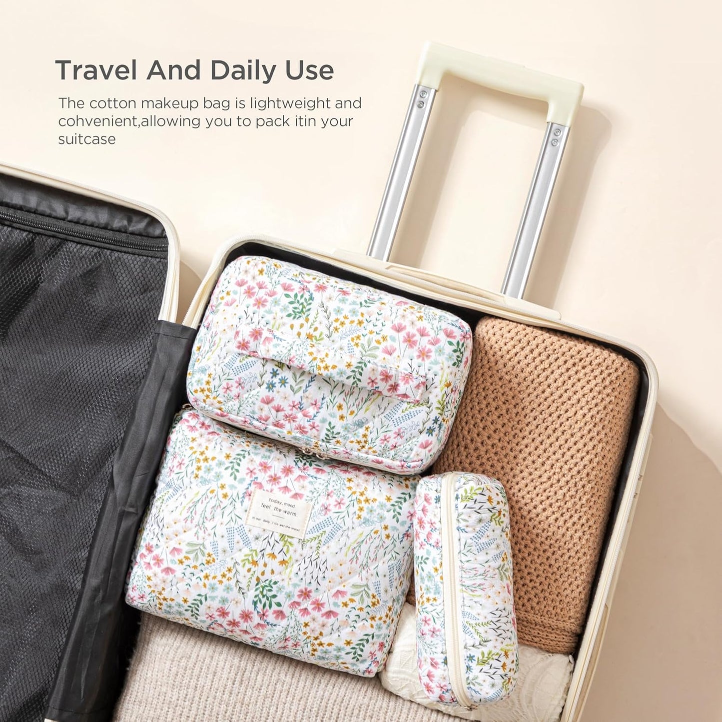 HBselect Quilted Makeup Bag, 3PCS Cotton Large Travel Makeup Bag, Cute Floral Coquette Make up Bag Cosmetic Bag Toiletry Bag for Women Girls