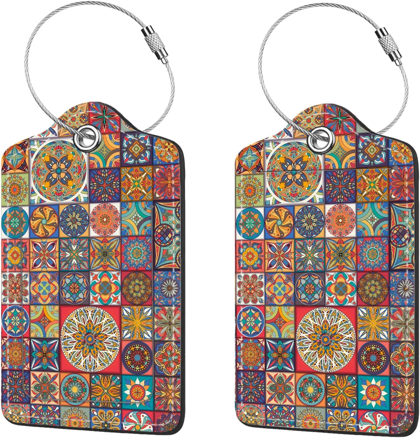 2 Pcs Luggage Tags for Suitcase, Cute Unique PU Leather Travel Bag Tag with Privacy Cover ID Label Address Card and Durable Metal Ring Suitable for Men Women Children Backpack,Bohemia