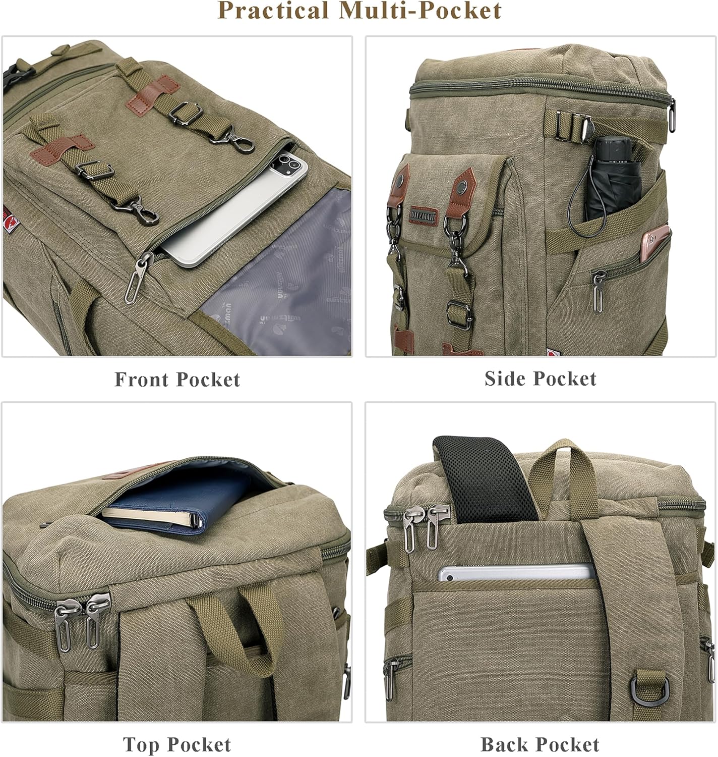 WITZMAN Travel Backpack for Men Women Canvas Backpack Carry on Luggage Rucksack Convertible Duffel Bag Large (A568 Army Green)