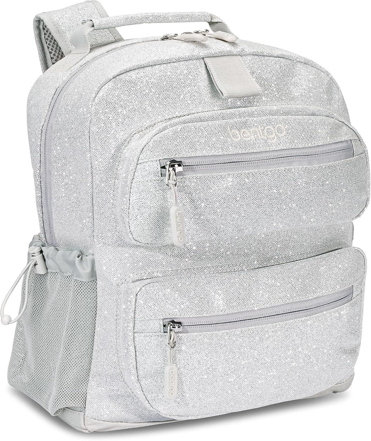 Bentgo Kids Glitter Backpack - Lightweight 14” Backpack for School, Travel & Daycare, Ideal for Ages 4+, Durable & Water-Resistant, Roomy Interior, & Loop for Lunch Bag (Glitter Edition - Silver)