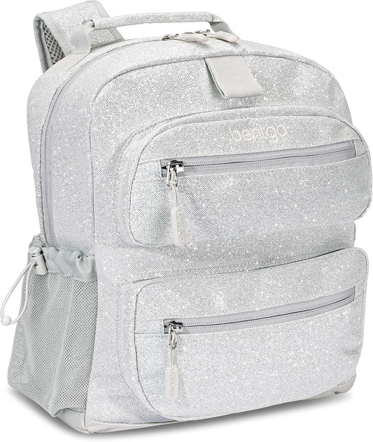Bentgo Kids Glitter Backpack - Lightweight 14” Backpack for School, Travel & Daycare, Ideal for Ages 4+, Durable & Water-Resistant, Roomy Interior, & Loop for Lunch Bag (Glitter Edition - Silver)
