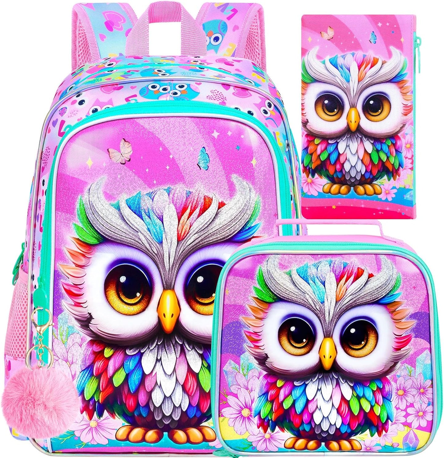 3PCS Owl Bookbag for Girls, Water Resistant Kids Bookbag Set with Lunch Box, Cute School Bag for Preschool Toddler