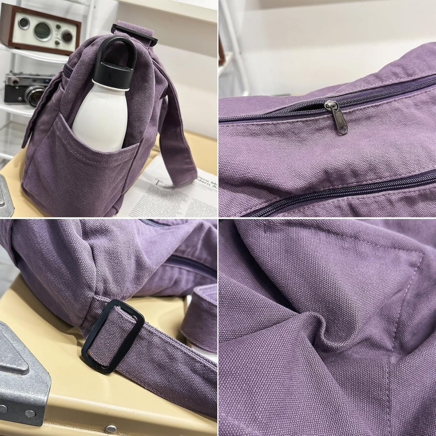 Canvas Messenger Bag for Women Hobo Crossbody Shoulder Bag Vintage Satchel Tote Handbag with Multiple Pockets