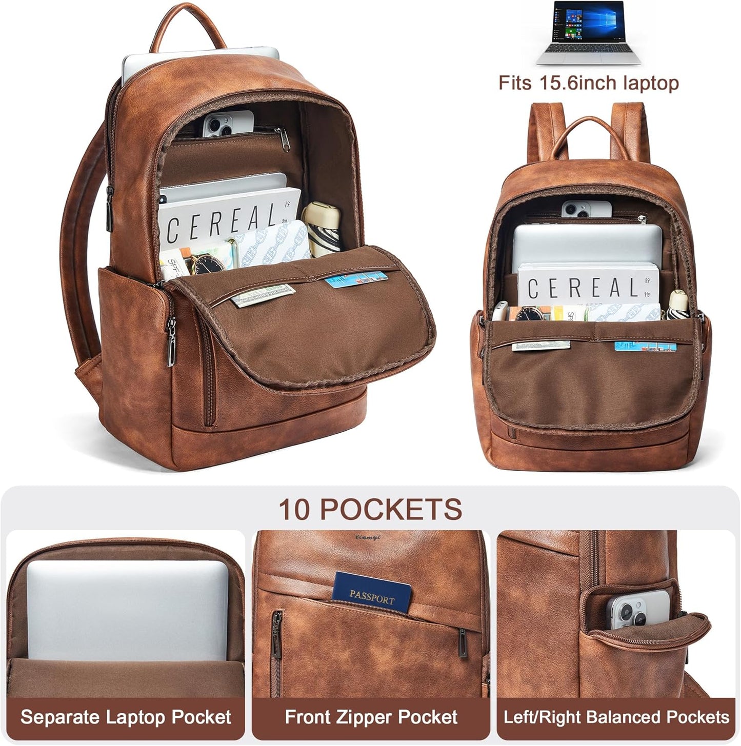 Computer Backpack for Women Soft Leather Back pack with 15.6 inch Laptop Compartment, Fashion Ladies Travel Backpack, Brown