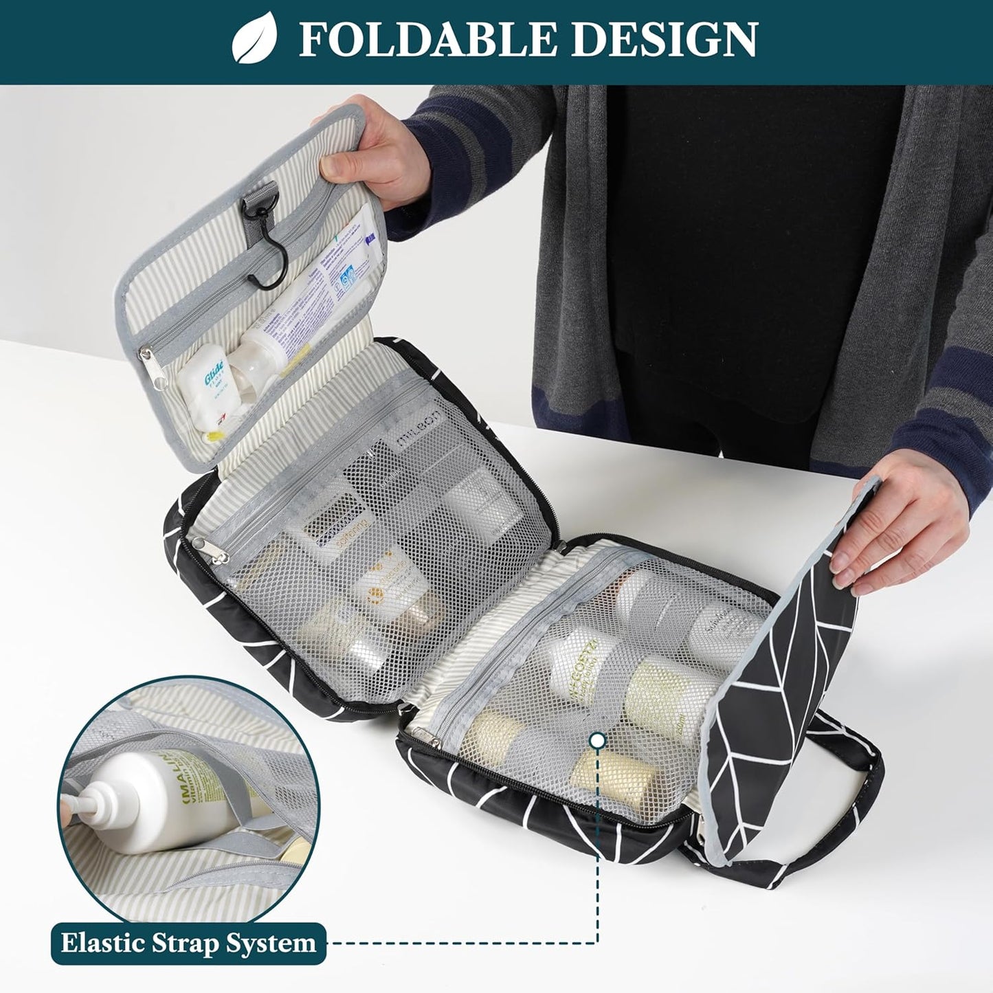 PAVILIA Hanging Toiletry Bag Travel Bag Women Men, Foldable Cosmetic Organizer, Roll up Makeup Bag, Water Resistant Accessories Toiletries, Large Travel Essentials Kit (Black Chevron)