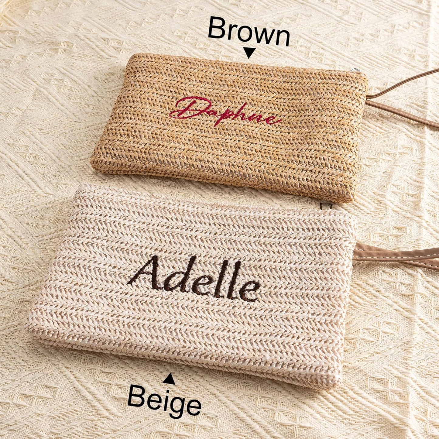 Personalised Straw Clutch Purse, Personalised Embroidered Cosmetic Bag, Handwoven Straw Cosmetic Bag with Leather Trim, Bridesmaid Gift