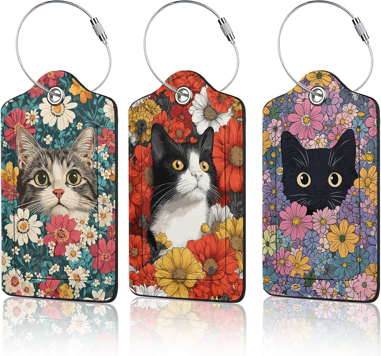 Cute Cat Luggage Tags for Suitcase,3 Pack Blooming Colorful Flowers Luggage Tag Leather Privacy Cover ID Label with Stainless Steel Loop for Women Men