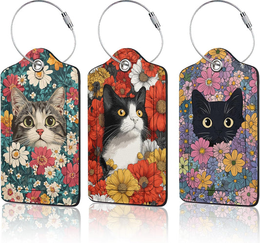 Cute Cat Luggage Tags for Suitcase,3 Pack Blooming Colorful Flowers Luggage Tag Leather Privacy Cover ID Label with Stainless Steel Loop for Women Men