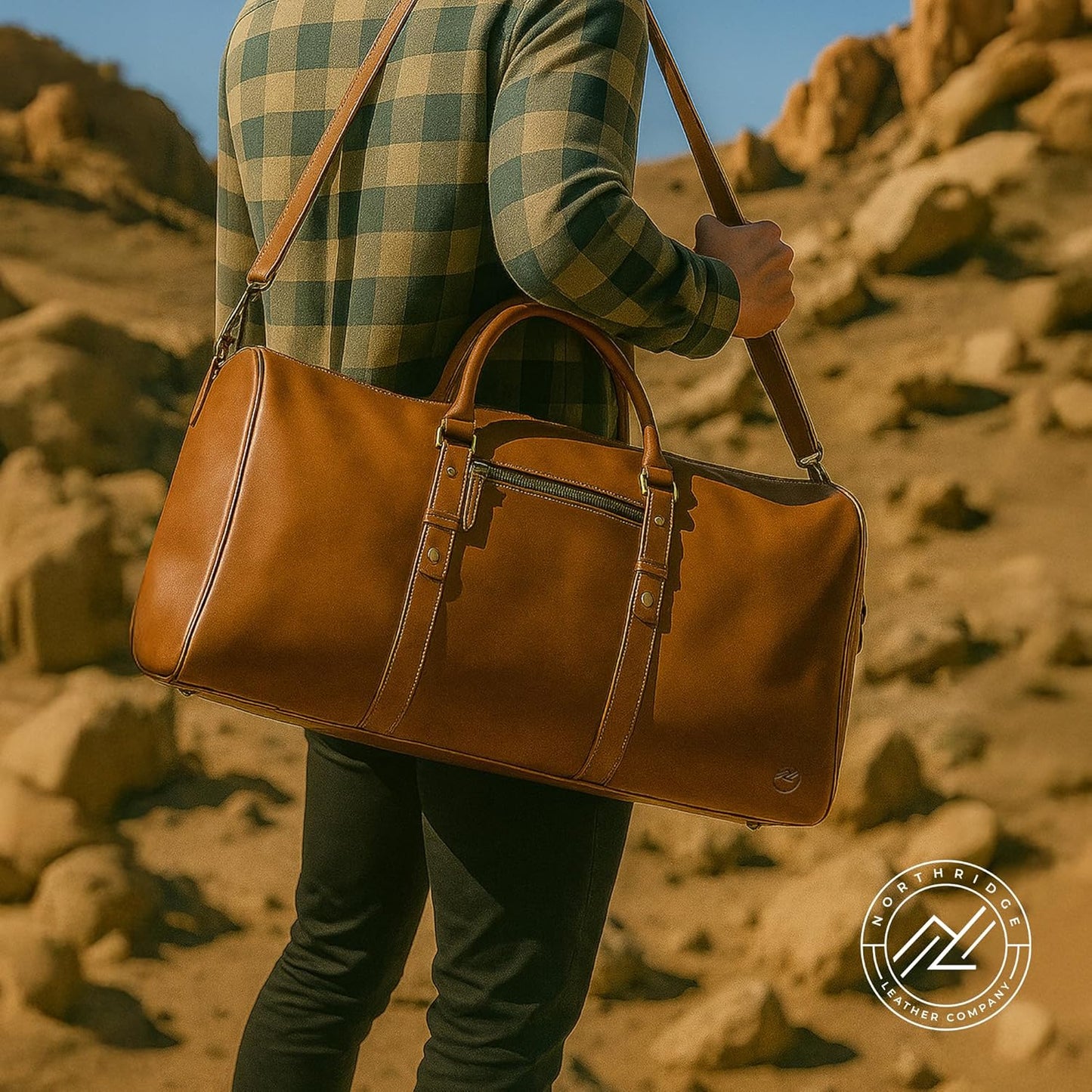 Premium Full-Grain Leather Duffle Bag for Men & Women | 24-Inch Handcrafted Weekender Travel Bag with Multiple Pockets & Compartments by Northridge Leather (Tan)