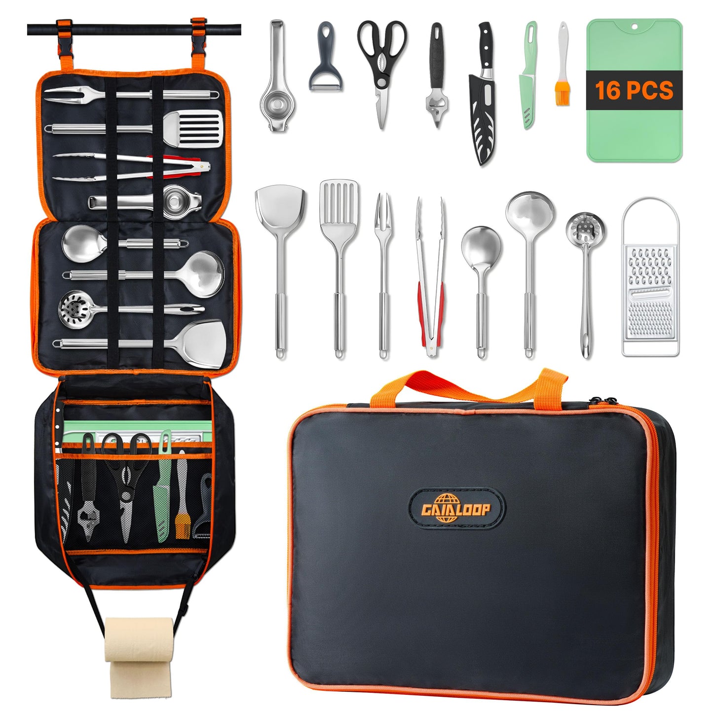 GAIALOOP Camping Cooking Utensils Set 16 PCS Camp Kitchen Cookware Kit with Organizer Bag, Portable