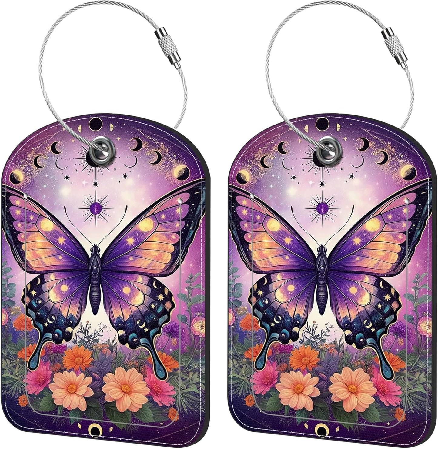 2 Pack Cute Luggage Tag for Suitcases Bright Night Butterflies Leather Luggage Tags with Stainless Steel Loop Privacy Flap Name Tags,Men and Women Travel Bag Suitcase Tags