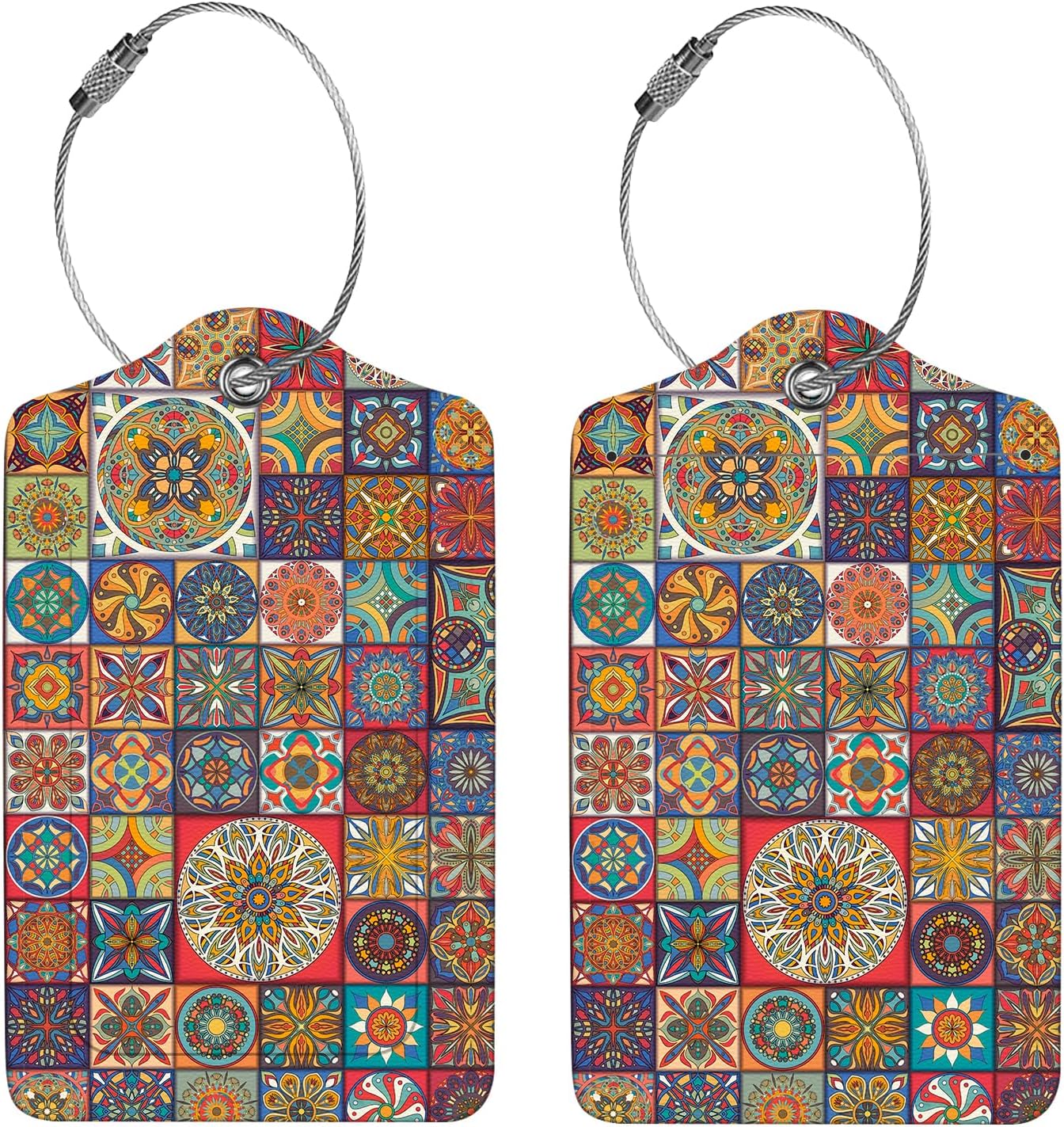 2 Pcs Luggage Tags for Suitcase, Cute Unique PU Leather Travel Bag Tag with Privacy Cover ID Label Address Card and Durable Metal Ring Suitable for Men Women Children Backpack,Bohemia