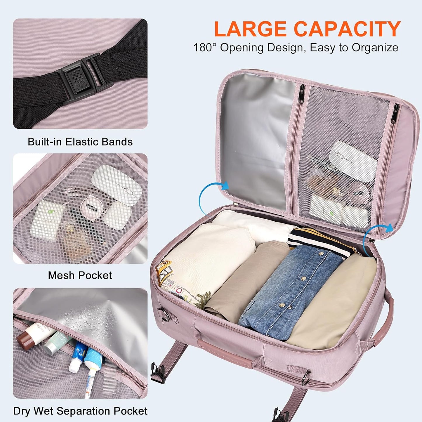 PIJUSHI Travel Backpack for Women Carry on Suitcase Backpack Flight Approved Personal Item Bag Fits 16 Inch Laptop(PE035 Light Purple)