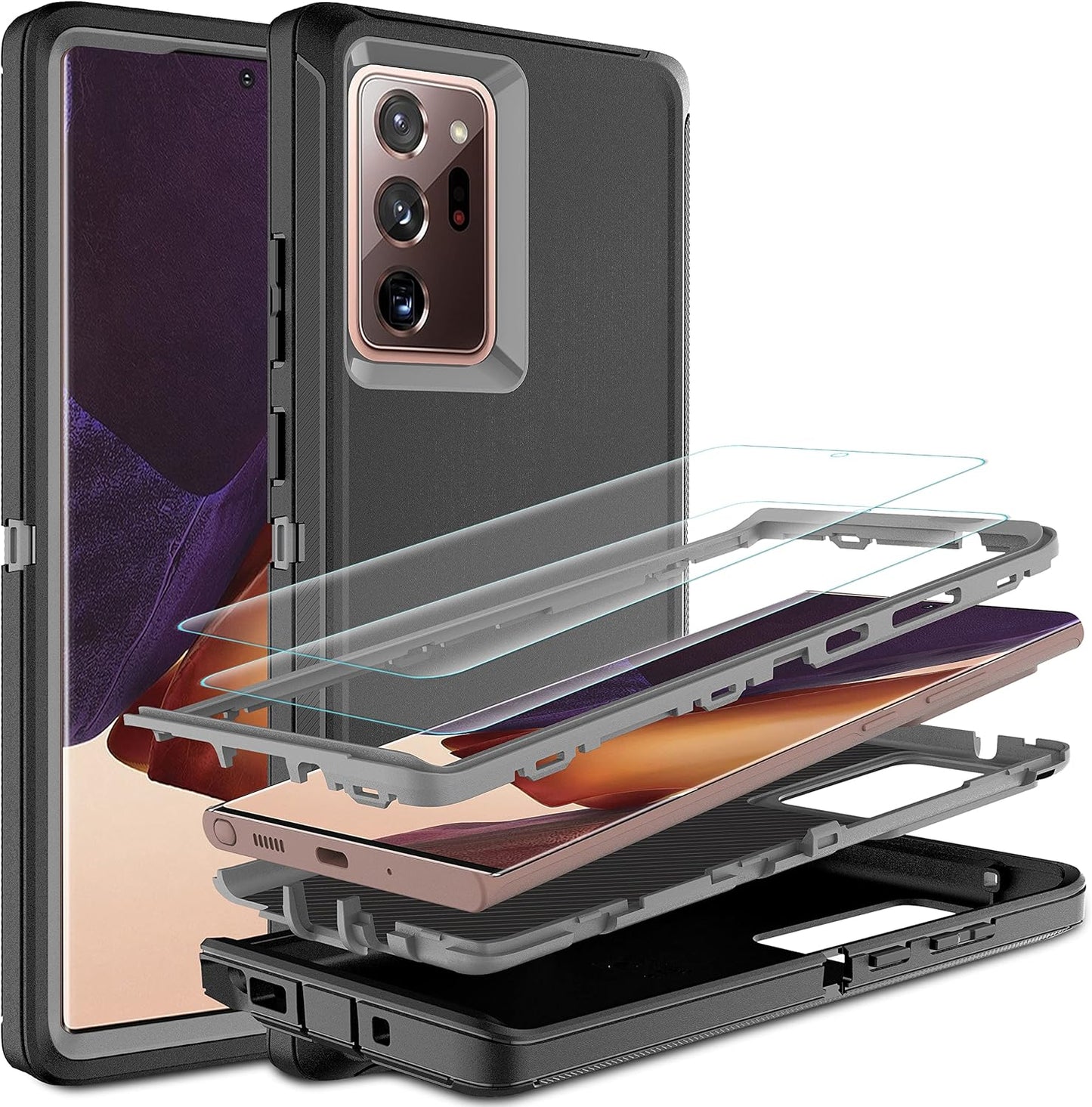 for Note 20 Ultra Case, Galaxy Note 20 Ultra Case with Self Healing Flexible TPU Screen Protector [2 Pack], 3 in 1 Heavy Duty Protection Case for Samsung Note 20 Ultra 5G(Black/Grey)