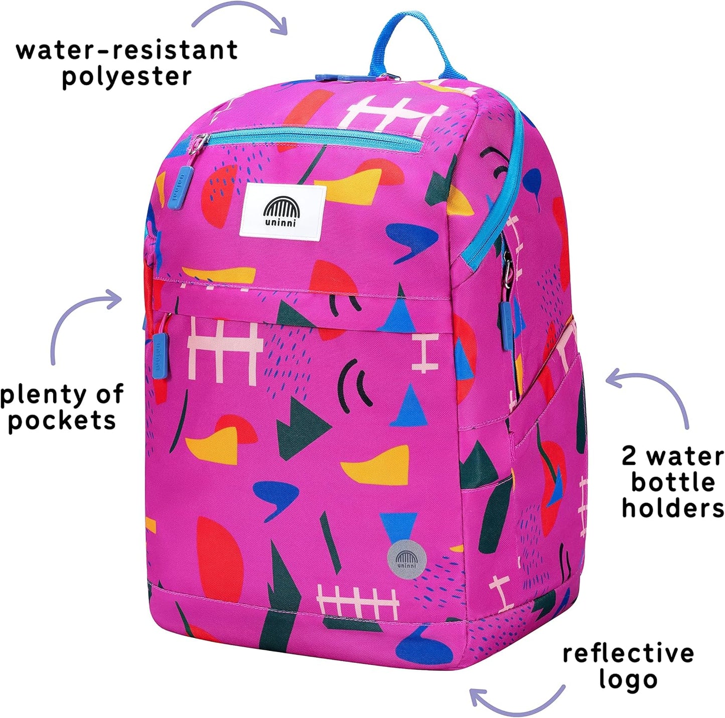 uninni 16" Kid's Backpack for Girls and Boys Age 6+ with Padded, and Adjustable Shoulder Straps. Fits for Height 3'9" Above Kids (Abstract Fuchsia)