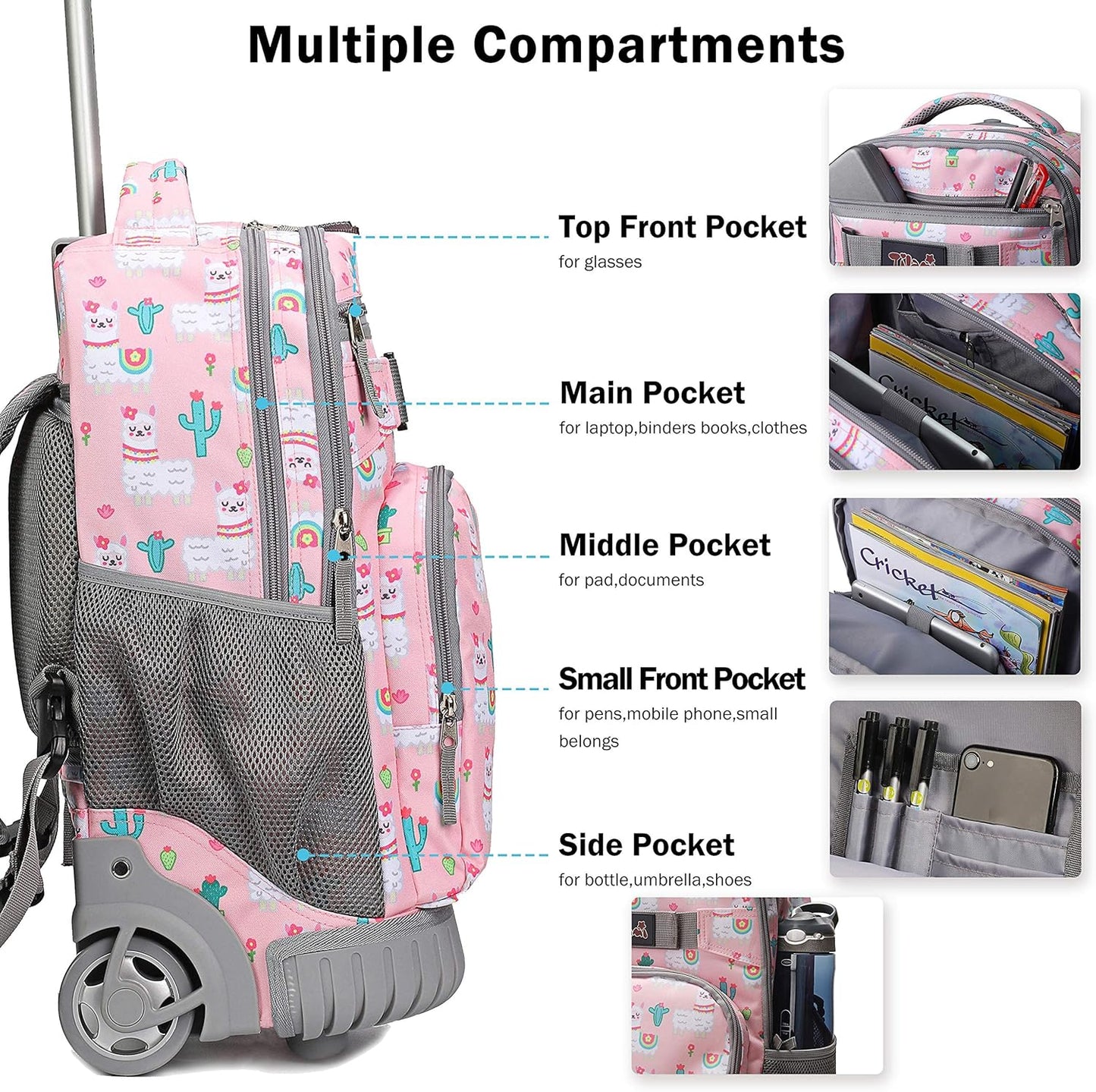 Tilami Rolling Backpack 18 inch Wheeled Laptop Backpack School College Student Travel Trip Boys and Girls, Alpaca