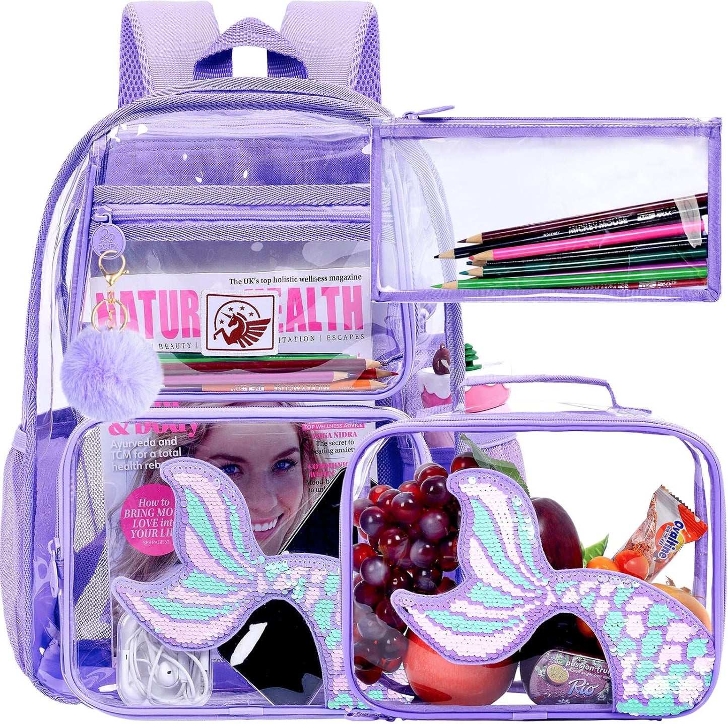 Clear Backpack for Girls and Boys, Kids Transparent Bookbag, 3PCS Cute See Through School Bag for Elementary Prechool