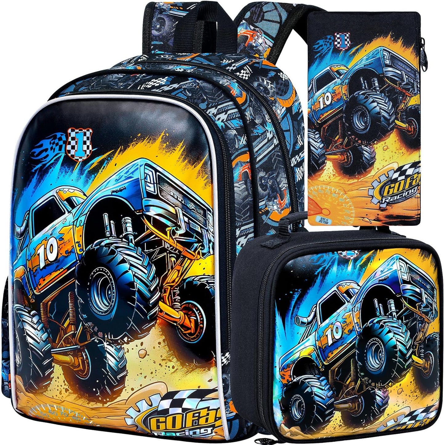 Truck backpack, 16" Boys Cars Kids Bookbag with Lunch Box, 3Pcs School Backpacks for Elementary Preschool Kindergarten (Black)