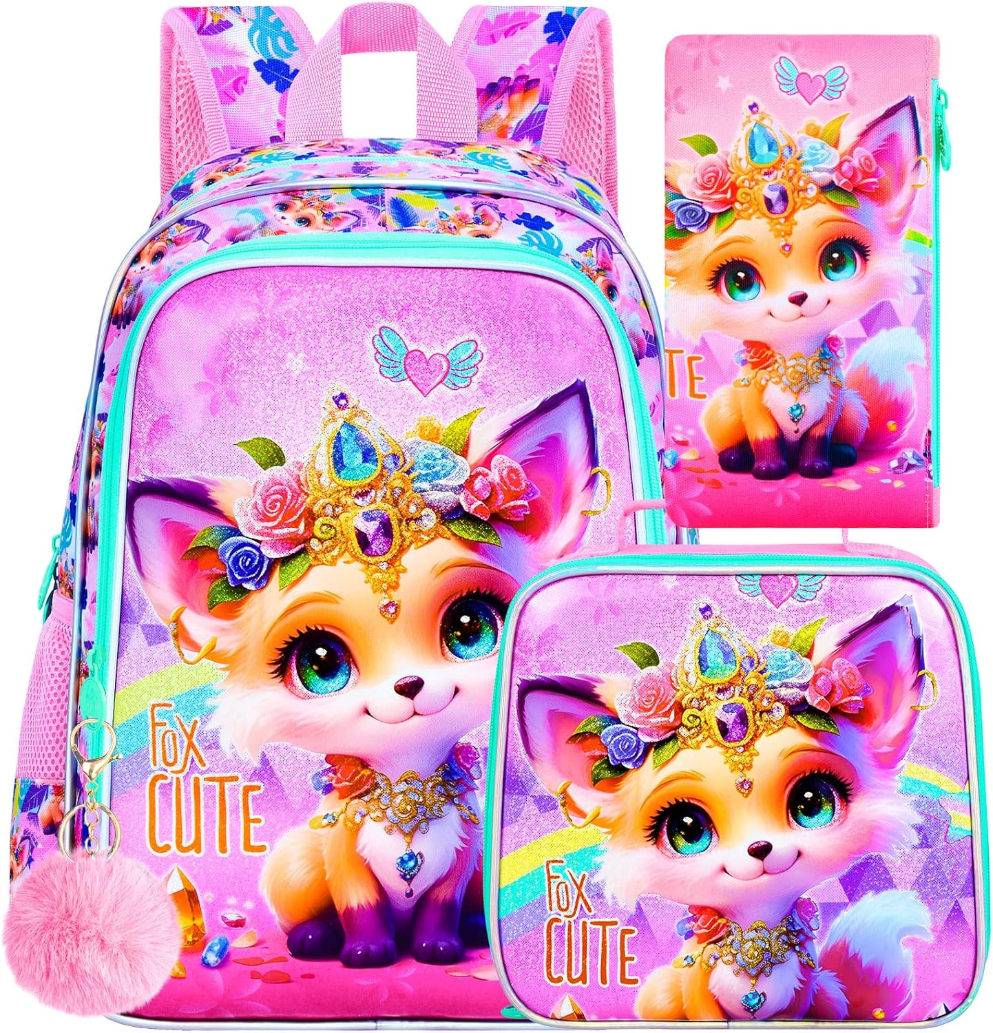 3Pcs Fox Backpack for Girls, 16" Kids School Backpacks with Lunch Box, Bookbag for Elementary