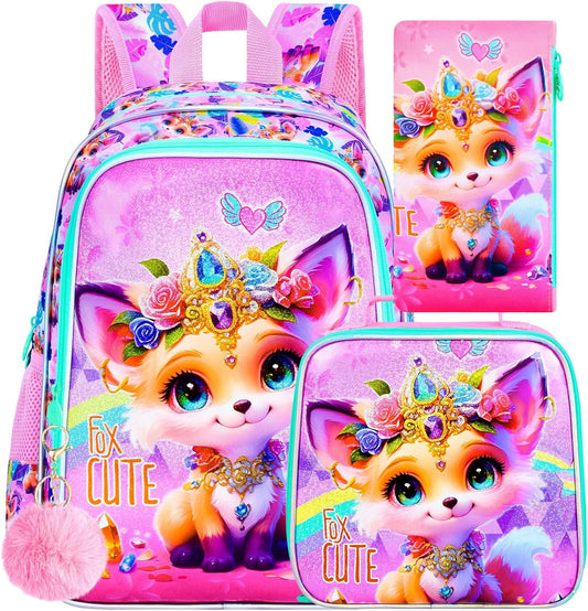 3Pcs Fox Backpack for Girls, 16" Kids School Backpacks with Lunch Box, Bookbag for Elementary Preschool Kindergarten(Pink)