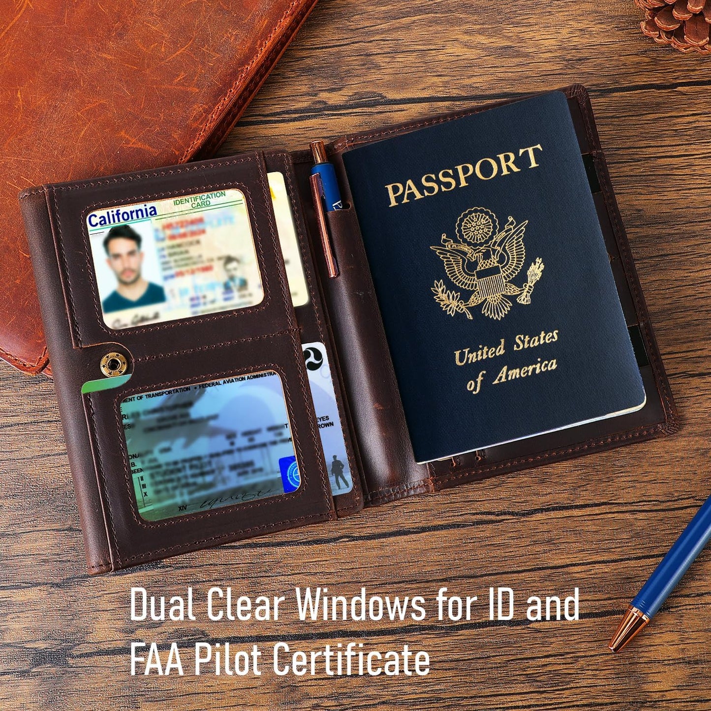 STAR VISTA Domenico Full Grain Leather Pilot Passport Wallet, Trifold Travel Document Organizer with RFID Blocking, Transparent Doc & Dual ID Windows, AirTag Slot, Pen & Travel Notebook